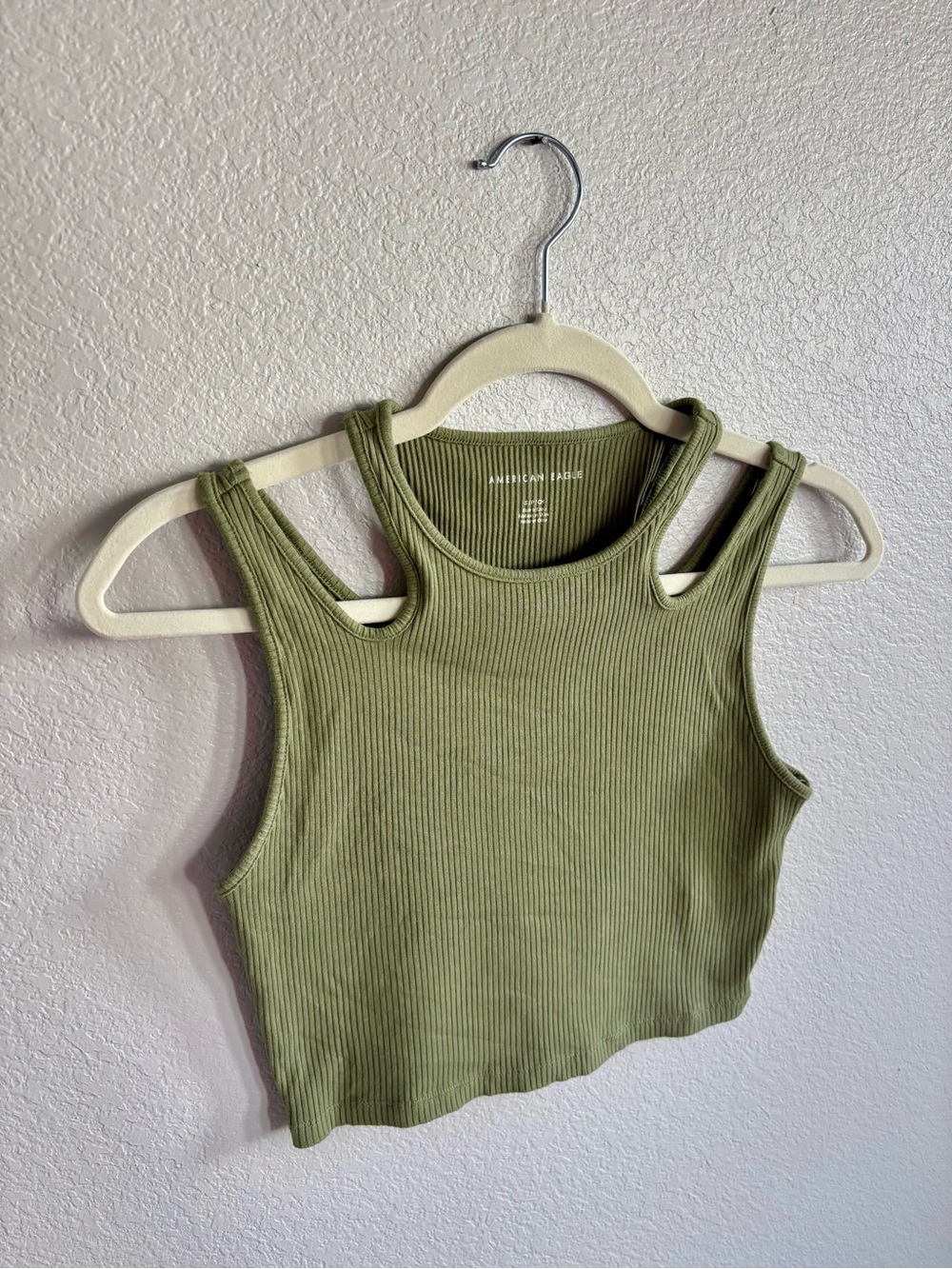 American Eagle Outfitters Olive Green Ribbed Double-Strap Crop Tank